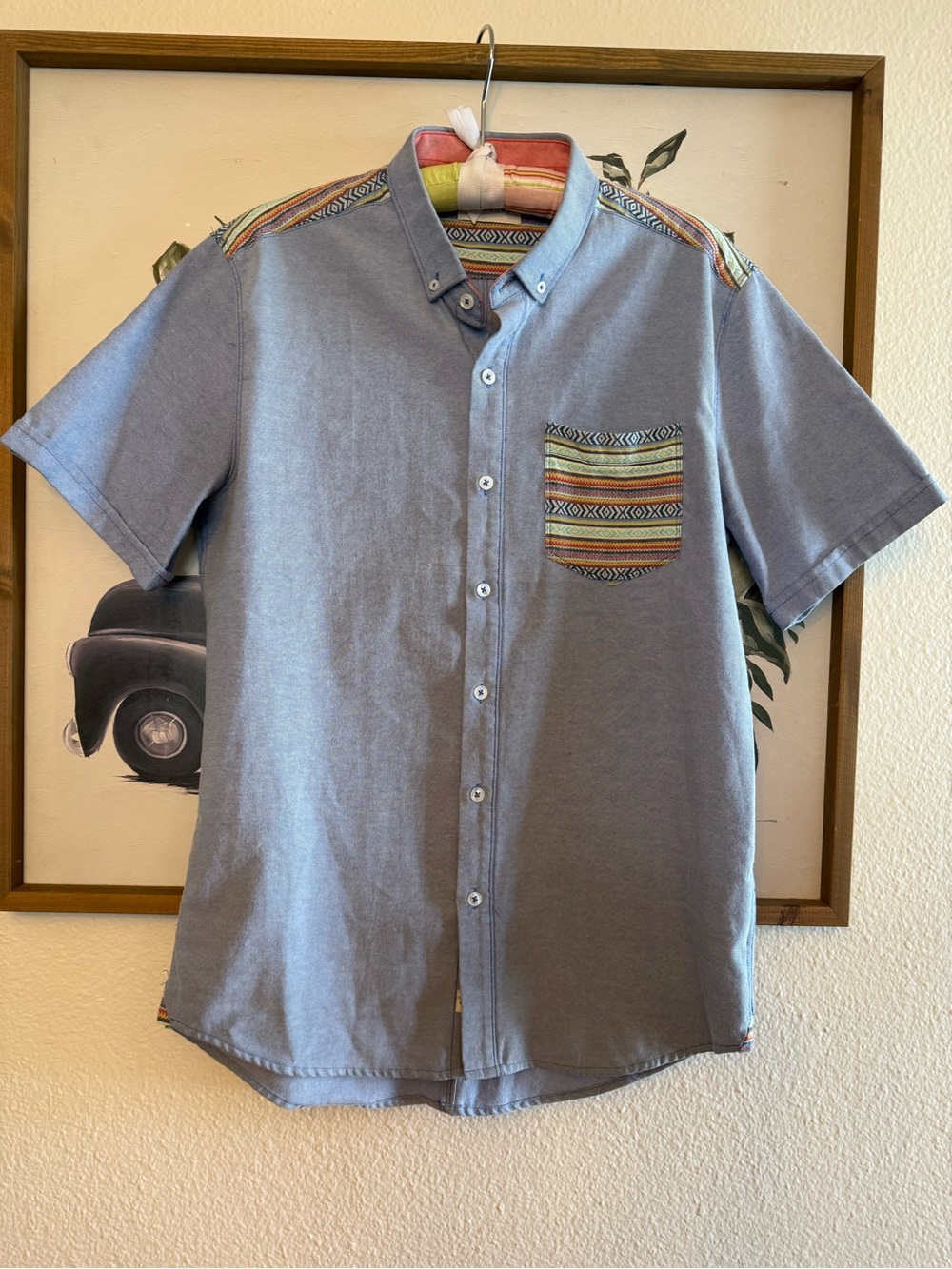 Men's Short-Sleeve Button-Up Shirt with Southwestern Patterned Trim - Blue M